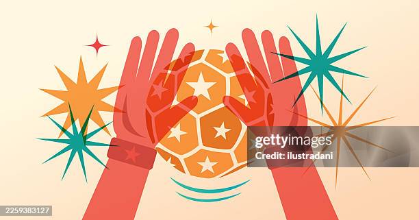 red goalkeeper gloves catching a yellow soccer ball - soccer goalkeeper in action stock illustrations