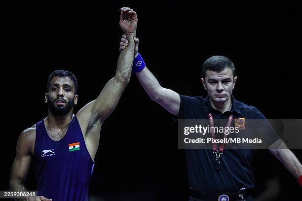 Sujeet Sujeet of India compete against Peyman Ali Nemati of Iran during the The 2026 UWW Grand Prix Zagreb Open UWW Ranking Series Men's Freestyle...