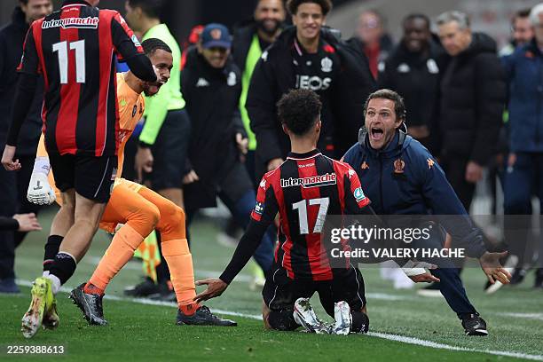 Nice's Moroccan forward Sofiane Diop celebrates scoring his team's third goal during the French Cup round of 16 football match between OGC Nice CA...