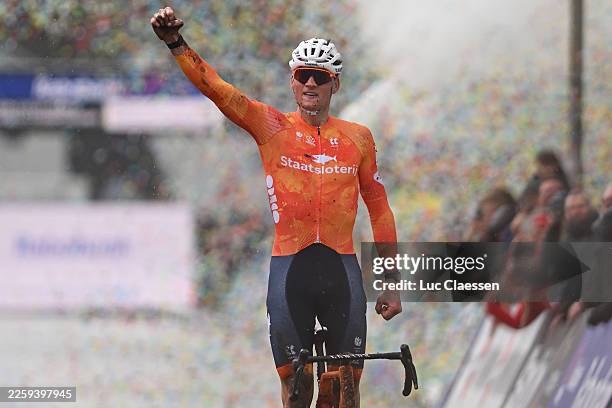 Mathieu Van Der Poel of Netherlands celebrates at finish line as race winner during the 77th UCI Cyclo-Cross World Championships 2026 - Men's Elite /...