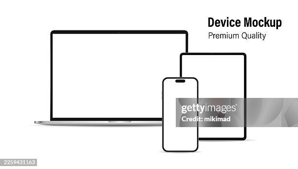 multi‑device mockup set – laptop, tablet and smartphone. realistic vector mockup digital tablet, mobile phone, smart phone, laptop and computer monitor. ui / ux design. . stock illustration. eps 10. - ipad angle stock illustrations