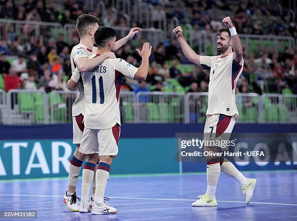 Francisco Jose Cortes Hernandez of Spain celebrates scoring his team's first goal with teammates during the UEFA Futsal EURO 2026 Quarter-finals...