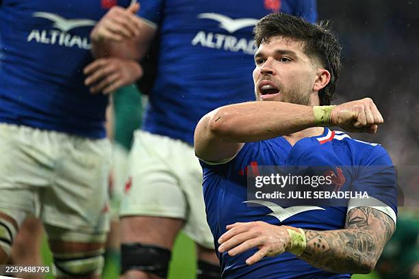 France's fly-half Matthieu Jalibert celebrates after scoring a try during the Six Nations international rugby union match between France and Ireland...
