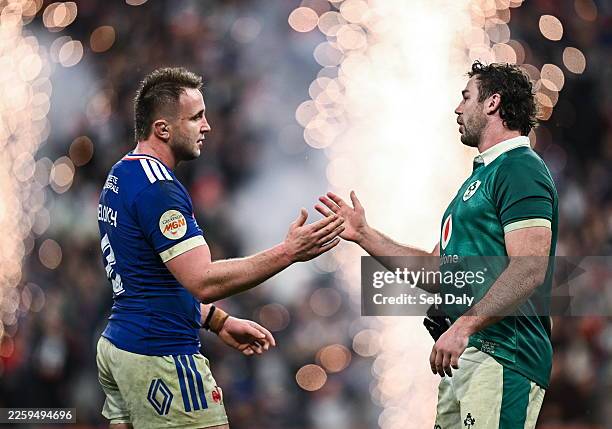 Paris , France - 5 February 2026; Anthony Jelonch of France and Caelan Doris of Ireland shake hands after the Guinness 6 Nations Rugby Championship...