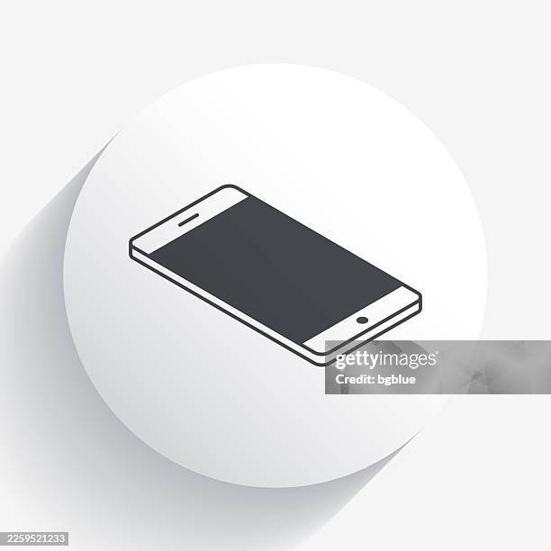 isometric smartphone - flat position. icon on circle button with long shadow - iphone blank screen stock illustrations