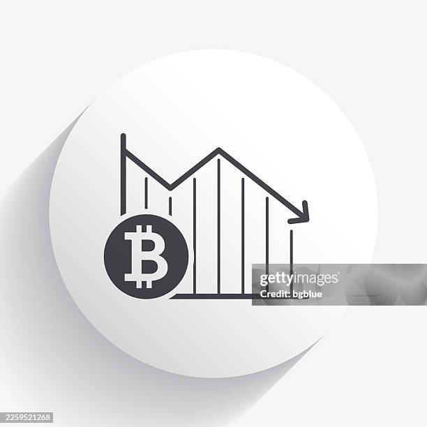 declining graph with bitcoin coin. icon on circle button with long shadow - 3d circle graph stock illustrations