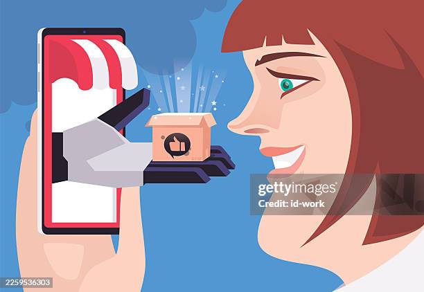 ilustrações de stock, clip art, desenhos animados e ícones de robot hand on smartphone delivering carton to woman - entrega sem contacto