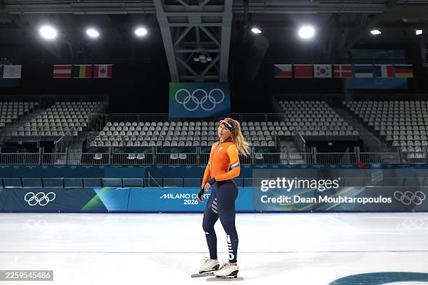 Jutta Leerdam of Team Netherlands poses for a photo during training on day minus four of the Milano Cortina 2026 Winter Olympic games at Milano Speed...