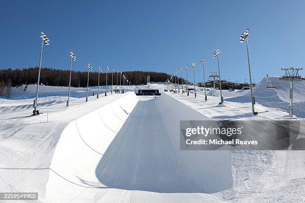 General view of the halfpipe on day minus four of the Milano Cortina 2026 Winter Olympic games at Livigno Air Park on February 02, 2026 in Livigno,...
