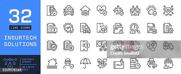 insurtech solutions editable stroke line icons set - insurance technology stock illustrations