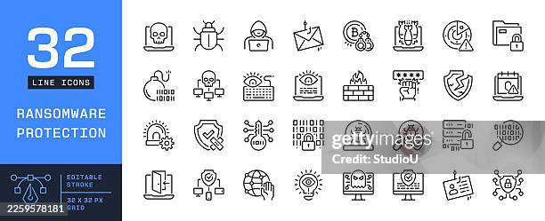 ilustraciones, imágenes clip art, dibujos animados e iconos de stock de protección contra ransomware iconos de línea de trazo editables - spyware