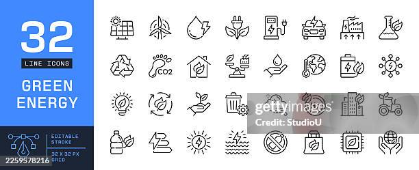 illustrations, cliparts, dessins animés et icônes de ensemble des icônes de lignes de traits éditables green energy - bâtiment écologique