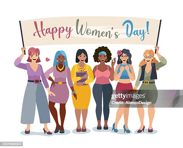 happy women’s day celebration with diverse women. - sisters fighting stock illustrations