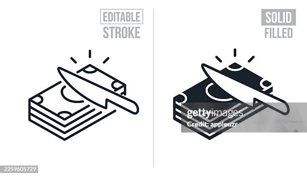 stack of cash being cut in half - editable stroke and solid icons - divider tabs stock illustrations