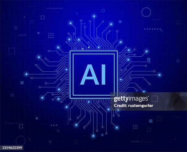 artificial intelligence. a microchip in the middle. design of lines and dots. blue background. - artificial intelligence background stock illustrations