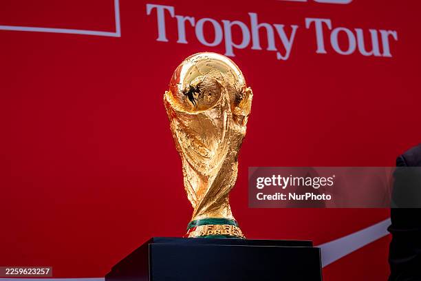 The trophy is seen during the FIFA World Cup Original Trophy Tour 2026 at Estadio do Dragao in Porto, Portugal, on February 6, 2026.