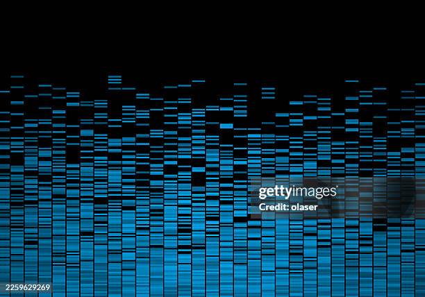 a visually striking blue pattern composed of vertical lines and rectangular shapes upon a black backdrop, creating a dynamic sense of depth and movement. - genomics stock illustrations