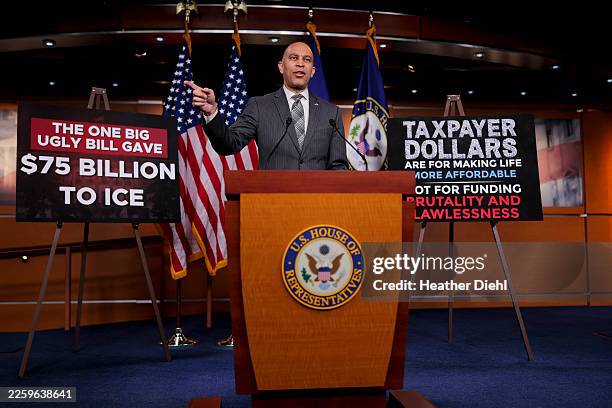 House Minority Leader Hakeem Jeffries speaks at a press conference on February 02, 2026 in Washington, DC. The House will take up compromise...