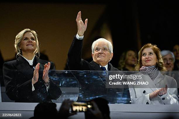 President of the International Olympic Committee Kirsty Coventry, Italy's President Sergio Mattarella and his daughter Laura Mattarella attend the...