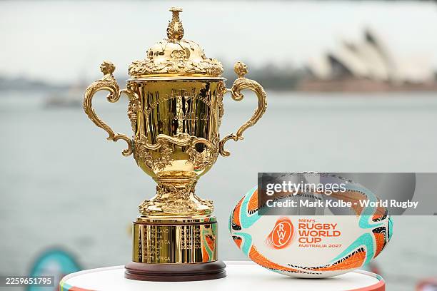 The Webb Ellis Cup during a Rugby World Cup 2027 Media Conference on February 03, 2026 in Sydney, Australia.