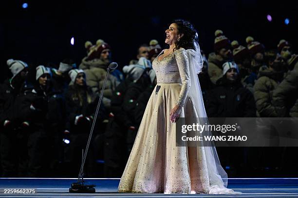 Italian opera singer Cecilia Bartoli performs during the opening ceremony of the Milano Cortina 2026 Winter Olympic Games at the San Siro stadium in...