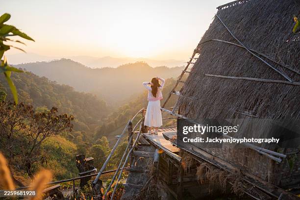 young woman enjoying sunrise mountain view in rural thailand - ecoturismo imagens e fotografias de stock