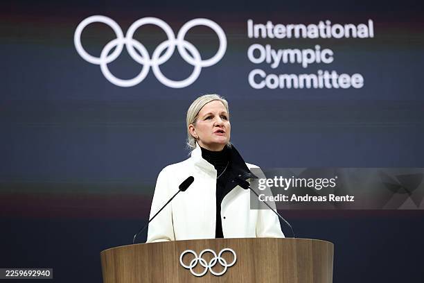 President Kirsty Coventry speaks during the IOC Session on February 03, 2026 in Milan Italy.
