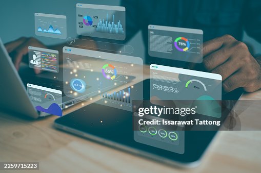 Analyst using computer dashboard for business data analysis with KPI metrics connected to database systems, supporting finance, operations, sales, and marketing performance management Analyst using computer dashboard for business data analysis with KPI metrics connected to database systems, supporting finance, operations, sales, and marketing performance management