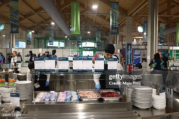 General view inside the canteen during an Olympic Village Cortina Media Day on day minus three of the Milano Cortina 2026 Olympic Games on February...