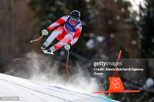Franjo Von Allmen of Team Switzerland in action during the Men's Downhill on day one of the Milano Cortina 2026 Winter Olympics at Stelvio Alpine...