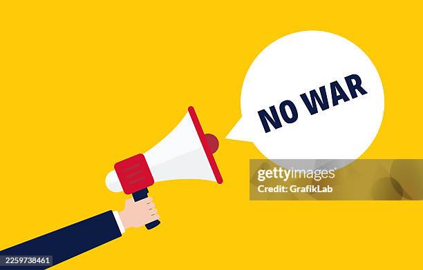 hand shouting no war through megaphone - protesters clash stock illustrations