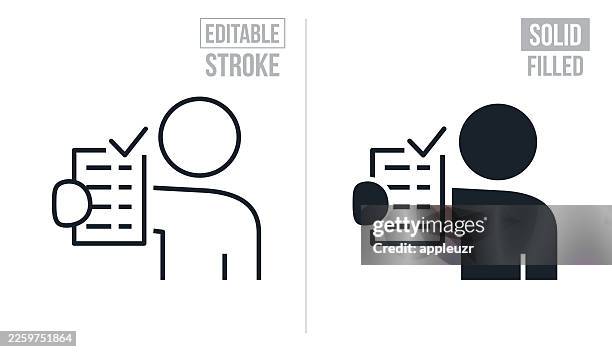 person holding a completed and approved document - editable stroke and solid icons - tax accounting stock illustrations