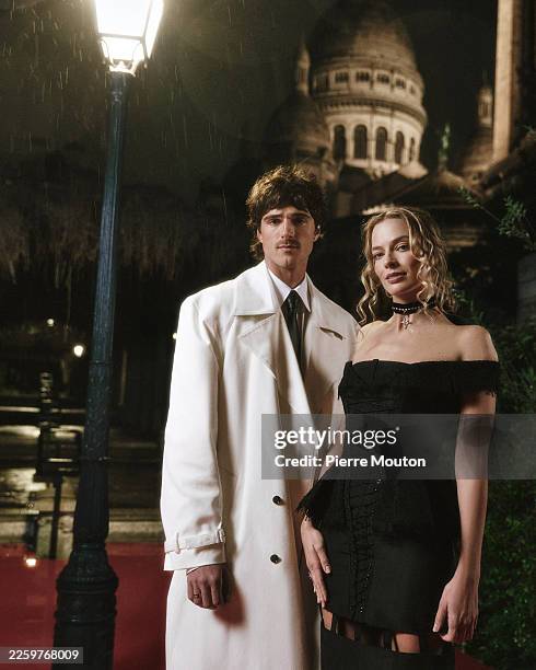 Jacob Elordi and Margot Robbie attend the Hurlevent / Wuthering Heights at Paris Sacré-Coeur on February 02, 2026 in Paris, France.