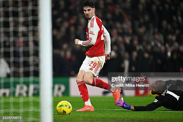 Kai Havertz of Arsenal scores his team's first goal during the Carabao Cup Semi Final Second Leg match between Arsenal and Chelsea at Emirates...