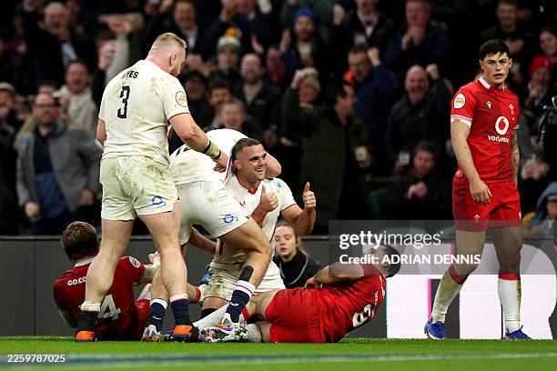 England's number 8 Ben Earl celebrates scoring the team's second try during the Six Nations international rugby union match between England and Wales...