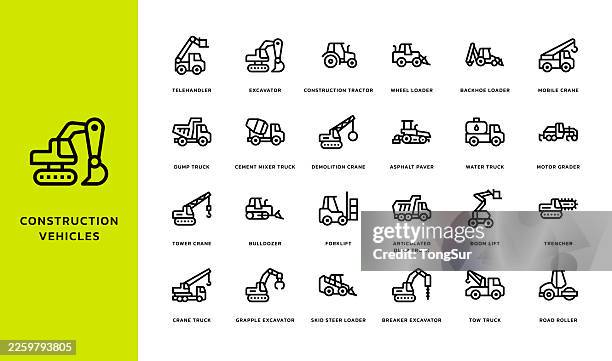 illustrazioni stock, clip art, cartoni animati e icone di tendenza di icone della linea dei veicoli da costruzione - placcare