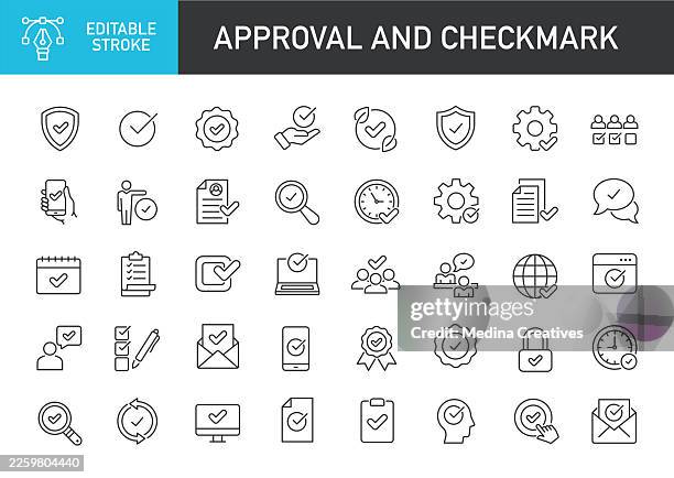 approval and checkmark icons collection - editable storke thin line series icon - validation stock illustrations