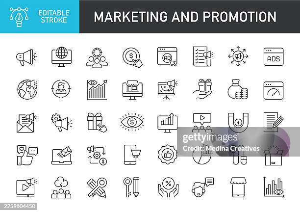 marketing- und promotions-icons-sammlung – editierbares storke-thin-line-serien-ikon - customer engagement marketing stock-grafiken, -clipart, -cartoons und -symbole