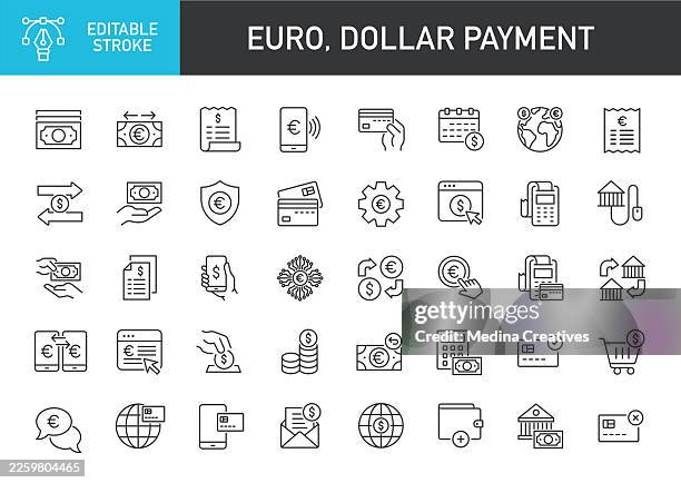 euro, dollar payment icons collection – editierbares storke-thin-line-serien-icon - euro symbol stock-grafiken, -clipart, -cartoons und -symbole