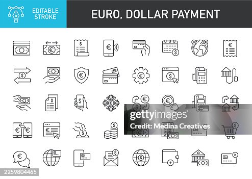 Euro, Dollar Payment Icons Collection - Editable storke thin line series icon Euro, Dollar Payment Icons Collection - Editable storke thin line series icon