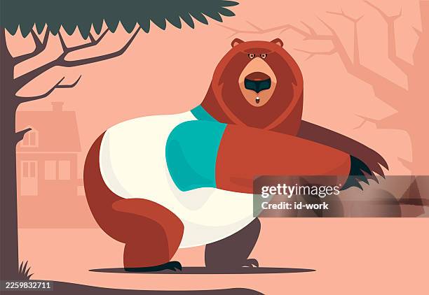 funny bear stretching - squat exercise stock illustrations