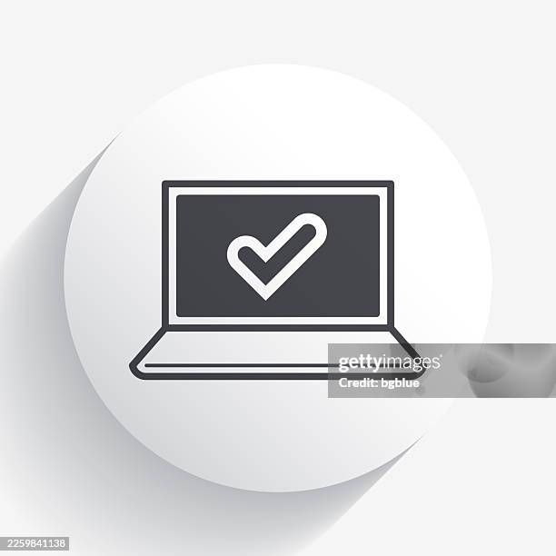 laptop with check mark. icon on circle button with long shadow - behind computer screen stock illustrations