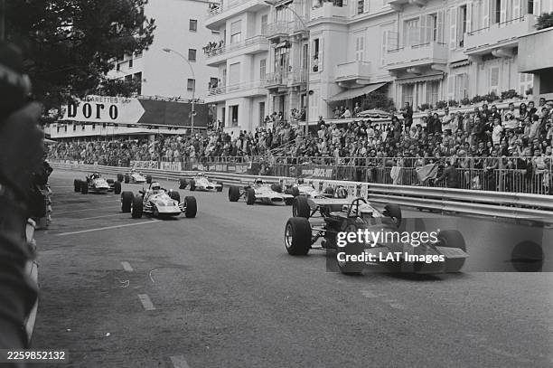 Ulf Svensson leads a pack of cars in his Brabham BT35 Ford at the start of the Formula 3 Monaco Grand Prix at Circuit de Monaco in Monte Carlo,...