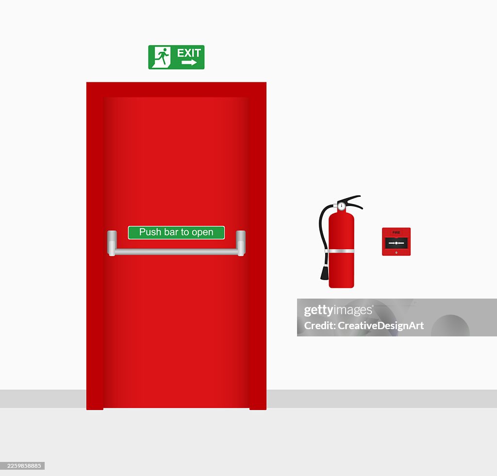 Red Fire Exit Door With Emergency Exit Sign, Fire Extinguisher And Alarm On The Wall