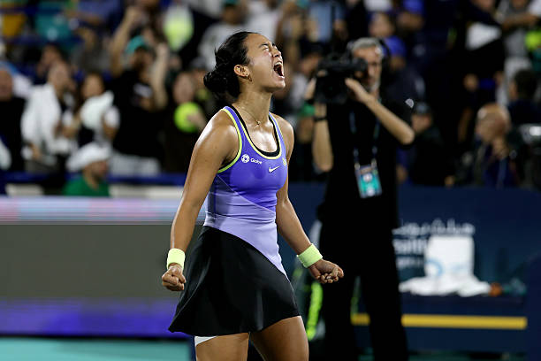 Alexandra Eala of the Philippines celebrates victory over Aliaksandra Sasnovich in the second round during day four of the Mubadala Abu Dhabi Open,...