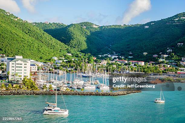 An aerial view of the Village Cay Marina and mountains, Tortola, British Virgin Islands.