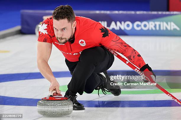 Brett Gallant of Team Canada thows a stone during Mixed Doubles round robin play against Team Czechia on day minus two of the Milano Cortina 2026...