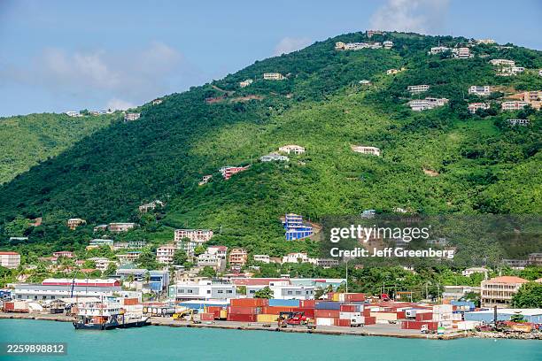 An aerial view of a freight dock area in Baughers Bay, Road Town, Tortola, British Virgin Islands.