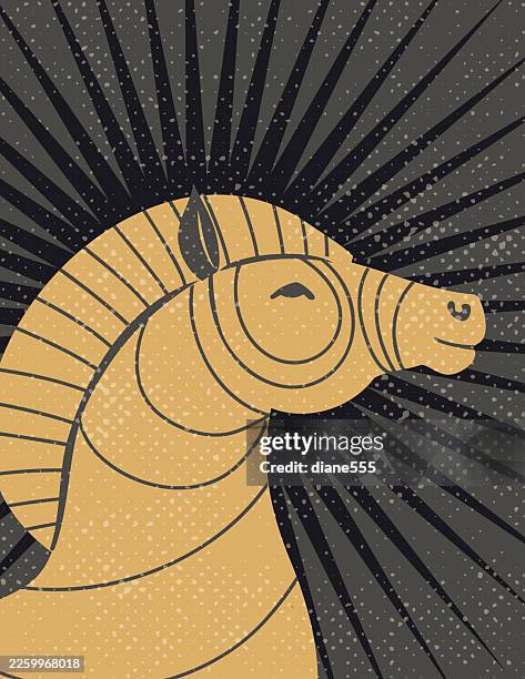 hand drawn horse head on a starburst background with halftone texture - sun spots face stock illustrations
