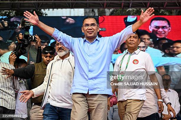 Bangladesh Nationalist Party Chairman Tarique Rahman arrives to address an election rally ahead of the country's general election in Dhaka on...